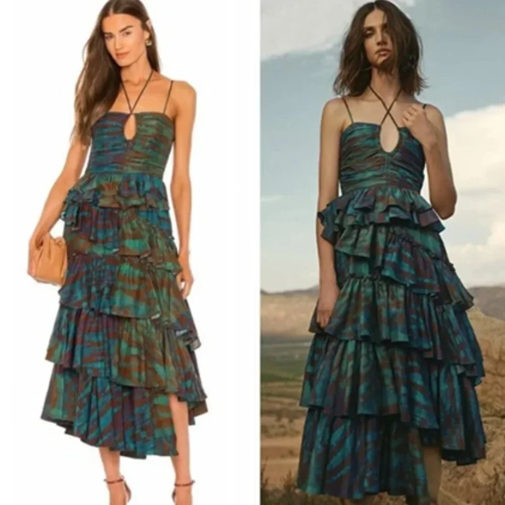 Ulla Johnson Zenat Tiered Asymmetric Ruffle Silk Gown in Emerald 12 - Picture 1 of 10
